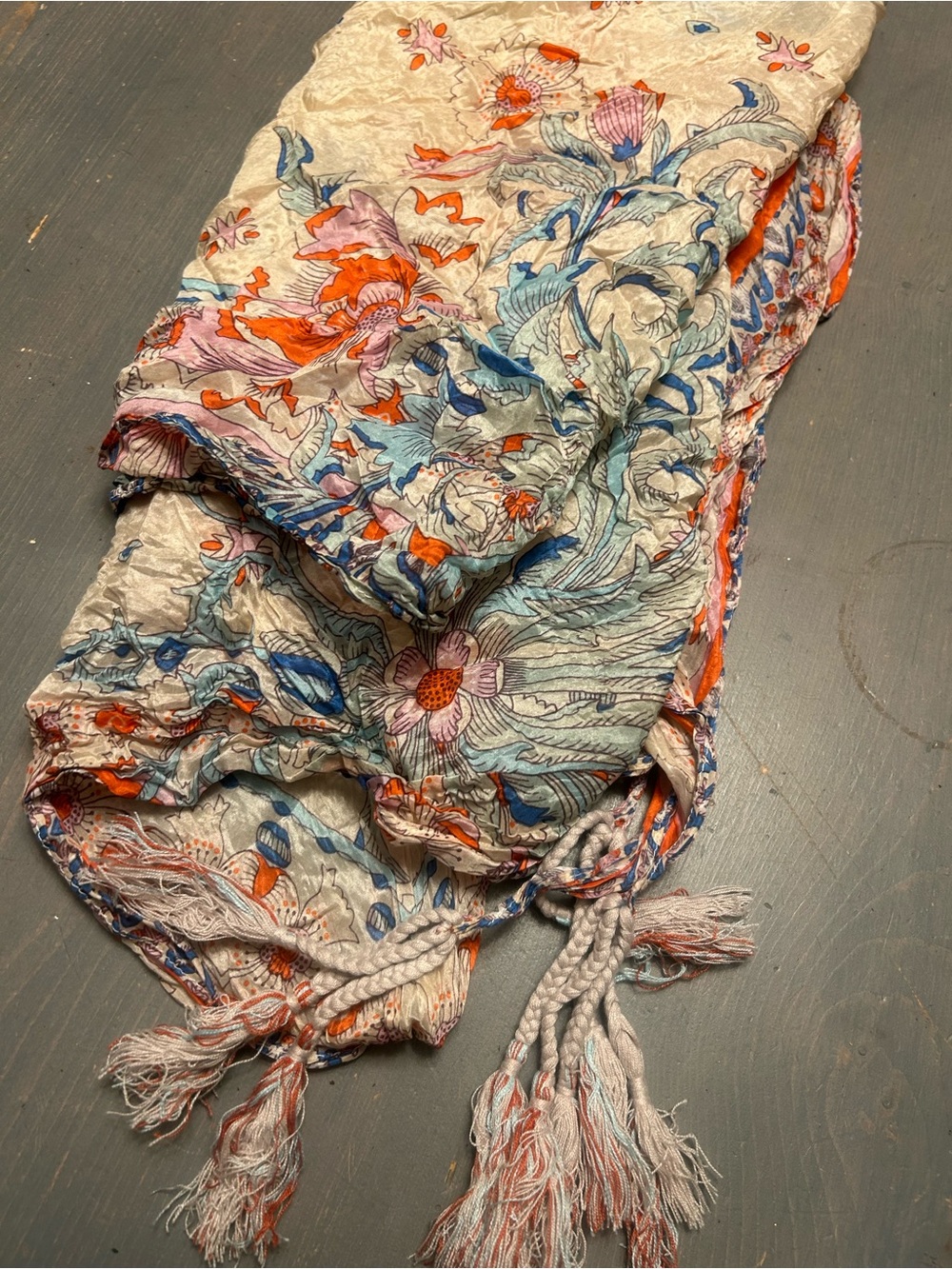 Johnny Was pre loved silk Bohemian 4 tassel scarf